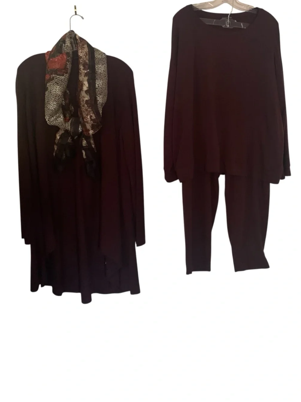 Eileen Fisher 3PC Lounge Set L Silk Cashmere Cardigan Tencel Pant/Top Brown Plum